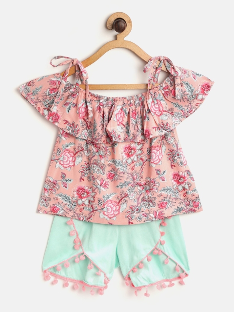 

pspeaches Girls Peach-Coloured & Green Floral Print Top with Shorts