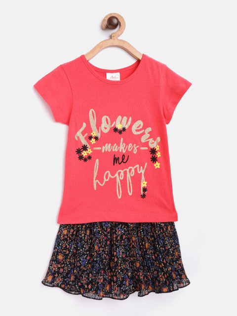 

pspeaches Girls Coral Pink & Black Printed T-shirt with Skirt