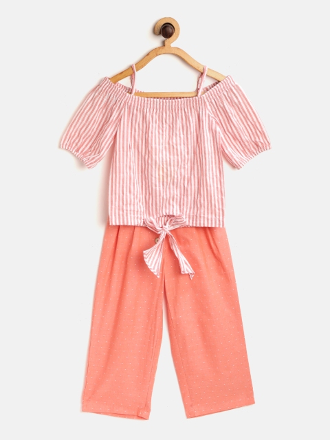 

pspeaches Girls Peach-Coloured & White Striped Top with Trousers