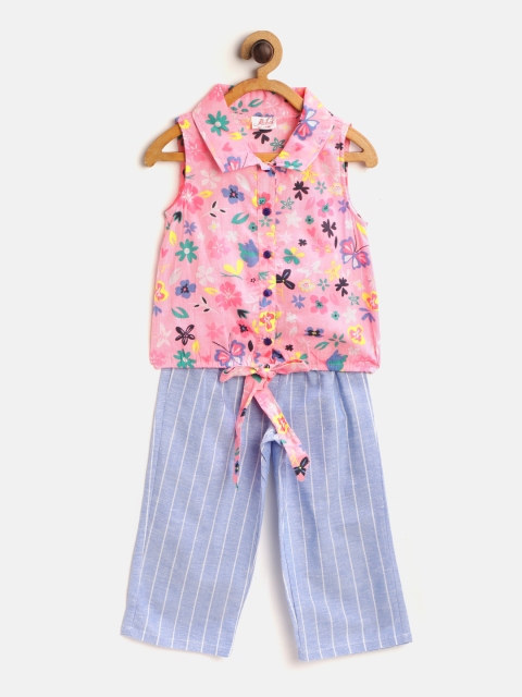 

pspeaches Girls Pink & Blue Floral Print Top with Trousers
