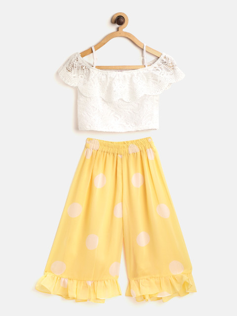 

pspeaches Girls White & Yellow Lace Design Top with Palazzos