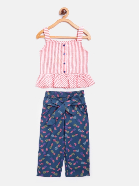 

pspeaches Girls White & Navy Blue Striped A-Line Top with Trousers