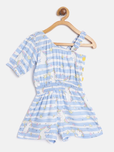 

pspeaches Girls Blue & White Striped Playsuit with Unicorn Print