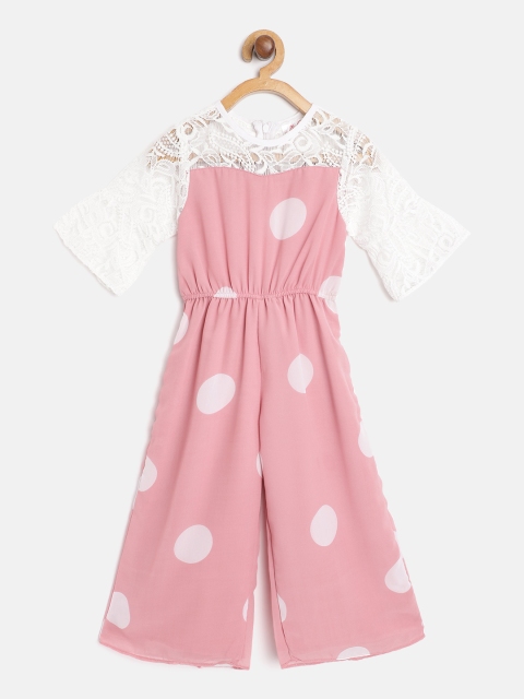 

pspeaches Girls Pink & White Polka Dot Print Basic Jumpsuit with Lace Inserts