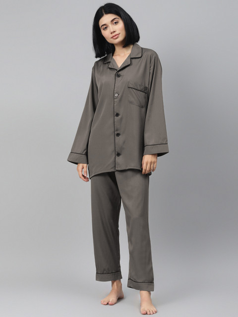 

I AM FOR YOU Women Grey Solid Cuban Collar Night Suit