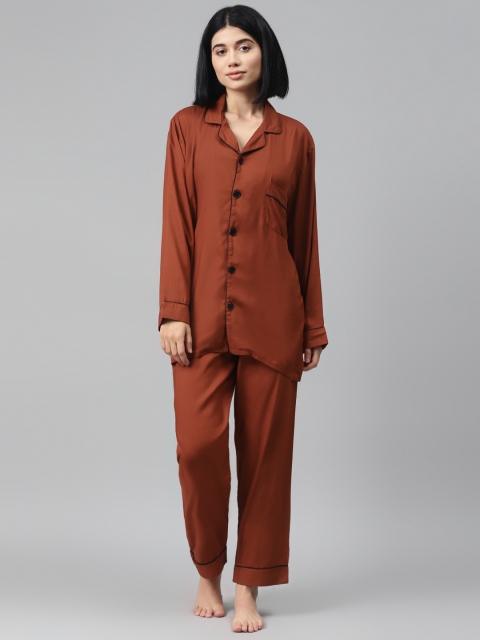 

I AM FOR YOU Women Rust Red Solid Cuban Collar Night Suit