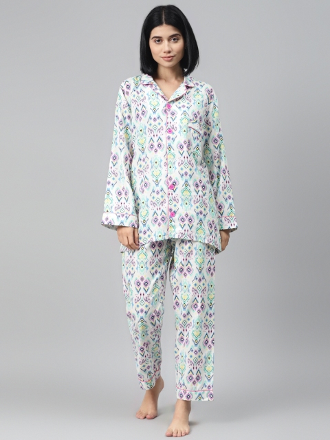 

I AM FOR YOU Women Off-White & Pink Tribal Print Cuban Collar Night Suit