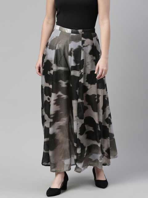 

I AM FOR YOU Women Grey & Taupe Printed Flared Palazzos