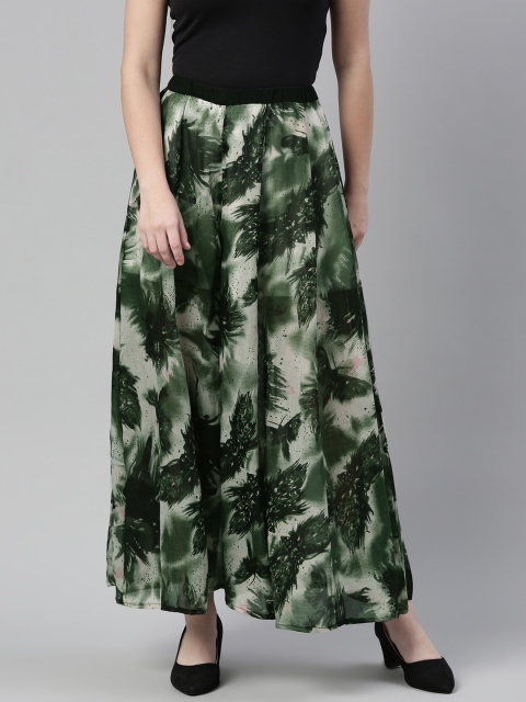 

I AM FOR YOU Women Green & Grey Printed Flared Palazzos