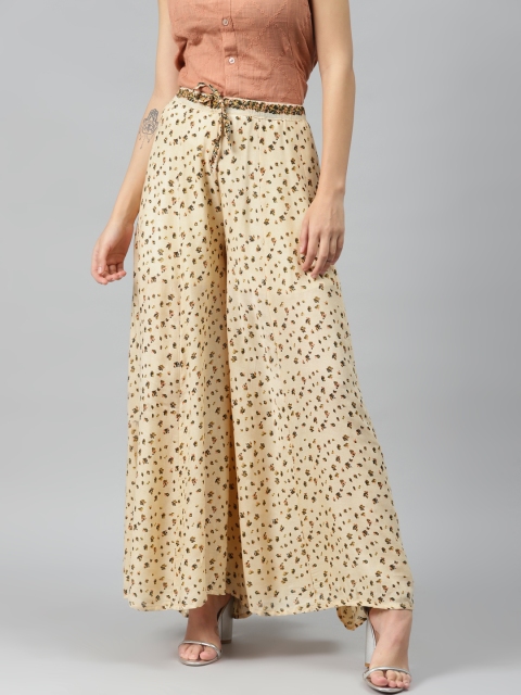 

I AM FOR YOU Women Beige & Olive Green Printed Flared Palazzos