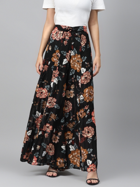 

I AM FOR YOU Women Black & Peach-Coloured Floral Print Flared Palazzos