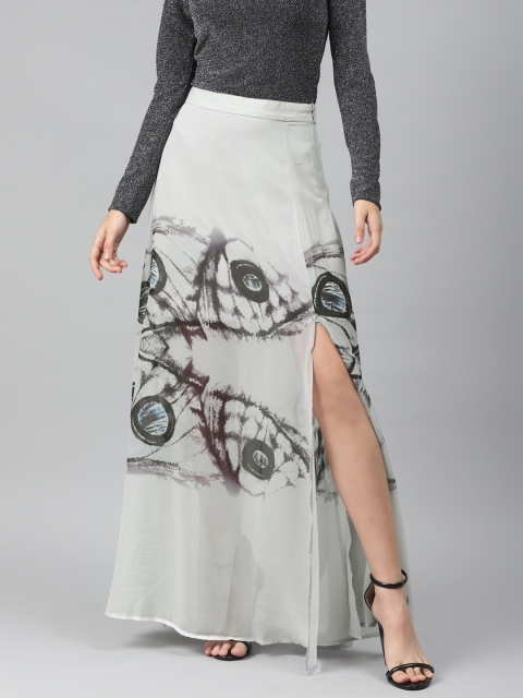 

I AM FOR YOU Women Grey & Black Printed Semi Sheer Multi-Slit A-line Maxi Skirt
