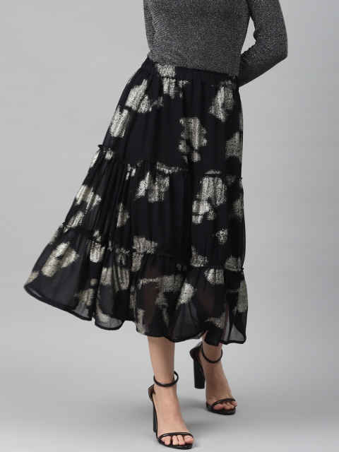 

I AM FOR YOU Women Black & Silver Printed A-line Tiered Midi Skirt