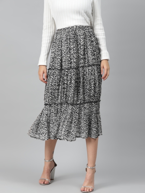 

I AM FOR YOU Women Black & White Animal Print A-line Tiered Midi Skirt