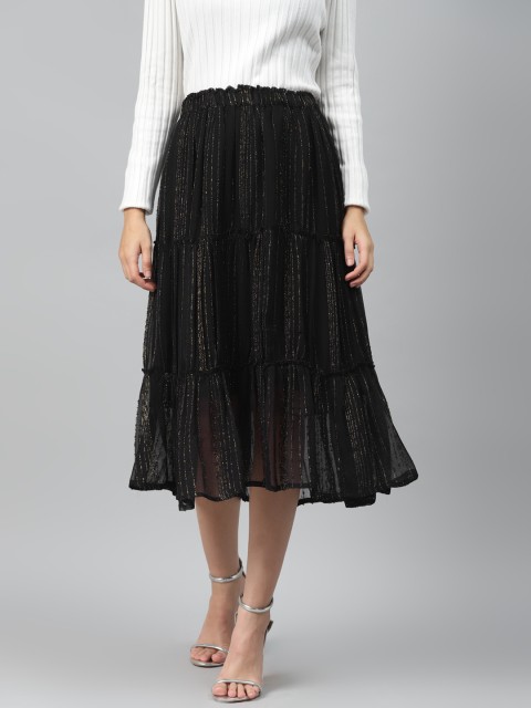 

I AM FOR YOU Women Black & Golden Self-Striped Tiered Midi Skirt