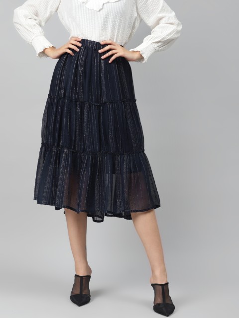 

I AM FOR YOU Women Navy Blue & Silver Self-Striped Tiered A-line Skirt