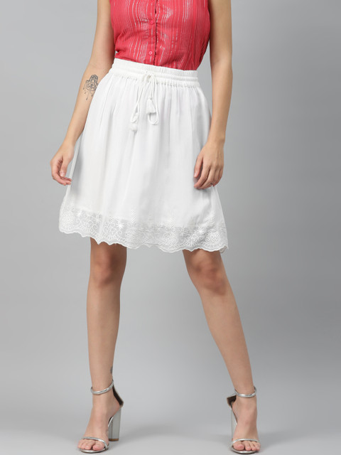 

I AM FOR YOU Women White Solid Flared Knee Length Skirt