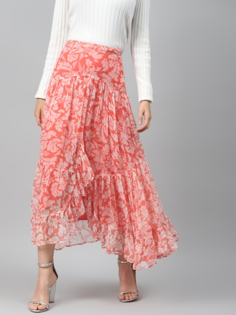 

I AM FOR YOU Women Orange Pink & Off-White Printed Asymmetric Tiered Midi Skirt