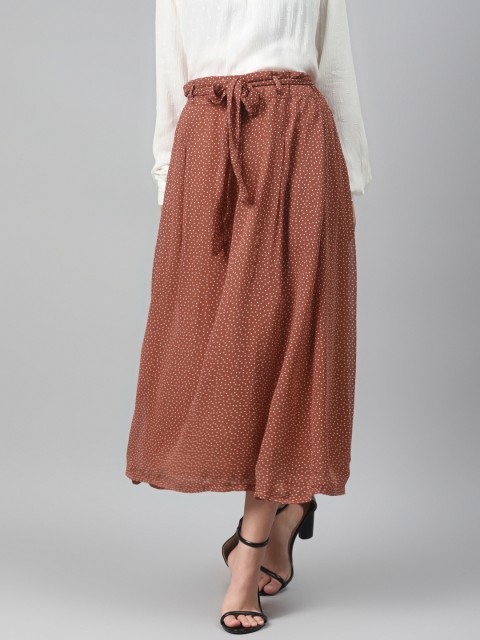 

I AM FOR YOU Women Brown & Beige Polka Printed Flared Maxi Skirt & Belt