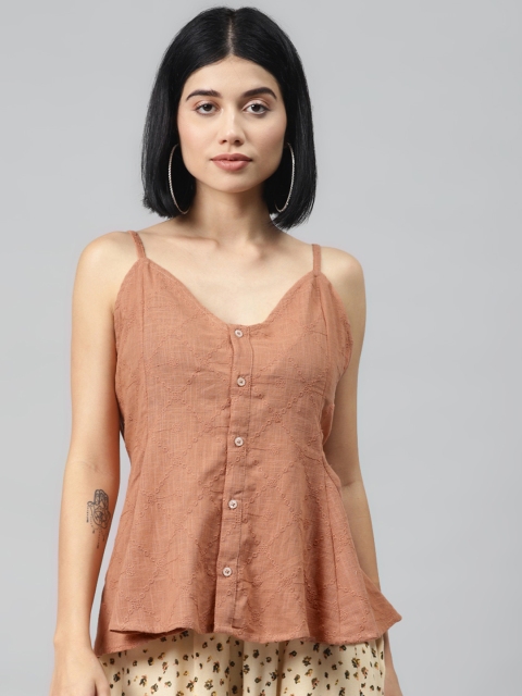 

I AM FOR YOU Rust Orange Geometric Embroidered Pure Cotton A-Line Top
