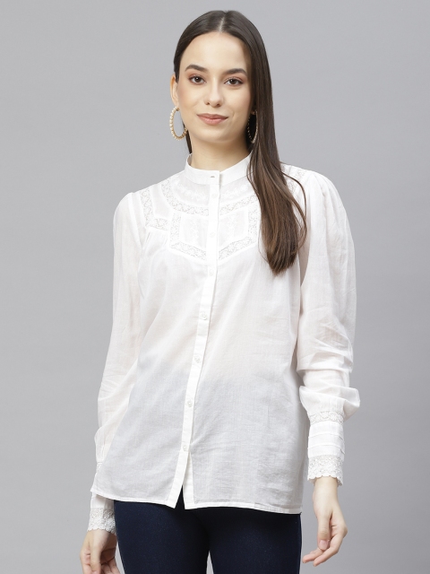 

I AM FOR YOU White Floral Mandarin Collar Lace Insert Regular Top