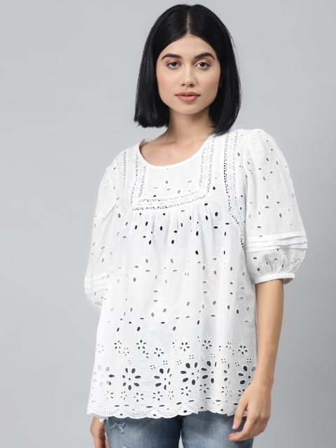 

I AM FOR YOU Women White Floral Schiffli Embroidered Puff Sleeves Pure Cotton Top