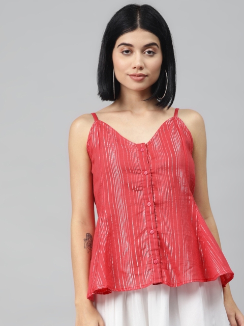 

I AM FOR YOU Women Red & White Striped Pure Cotton A-Line Top