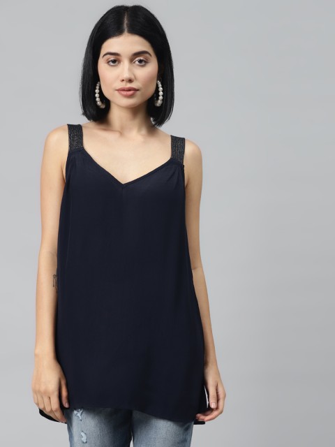 

I AM FOR YOU Women Navy Blue Solid Longline Top
