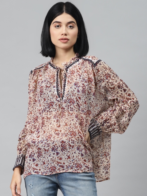 

I AM FOR YOU Women Peach-Coloured & Blue Printed Pure Cotton Semi Sheer Boxy Top