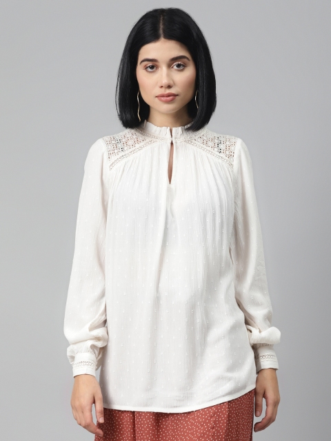 

I AM FOR YOU Women Off White Solid Keyhole Neck Pure Cotton Longline Top