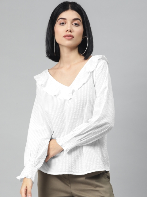 

I AM FOR YOU Women White Solid Seersucker Puff Sleeves Pure Cotton Top