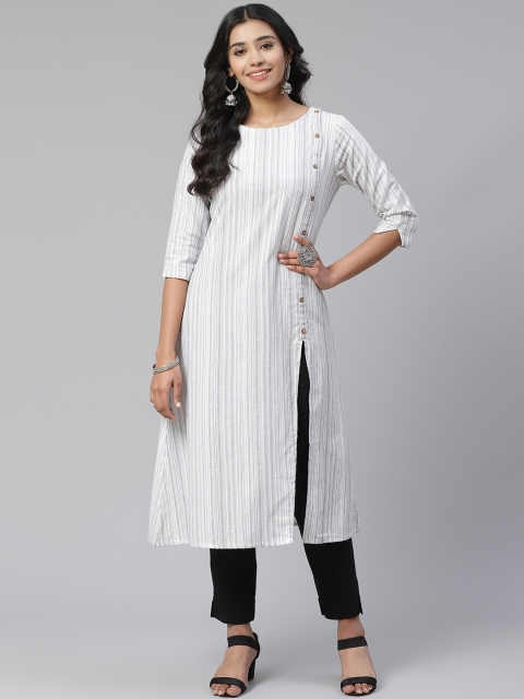 

Sringam Women Off-White & Black Striped Pure Cotton High-Slit Kurta with Trousers
