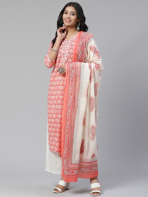 

Sringam Women Pink & Off-White Pure Cotton Printed Kurta with Palazzos & Dupatta