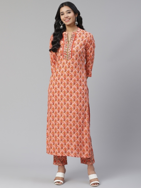 

Sringam Women Pink & Mustard Yellow Pure Cotton Printed Kurta with Trousers