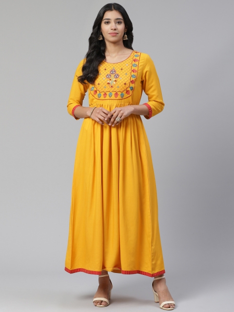 

Sringam Women Mustard Yellow Embroidered Detail Maxi Dress