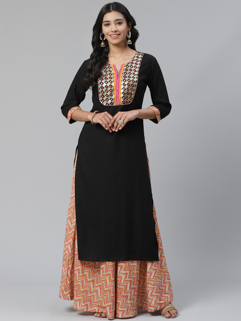 

Sringam Women Black & Orange Sequinned Yoke Design Kurta with Skirt
