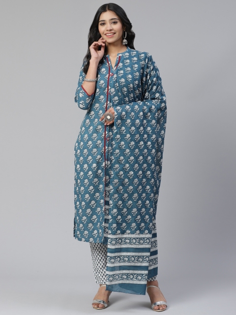 

Sringam Women Blue & White Pure Cotton Printed Kurta with Trousers & Dupatta