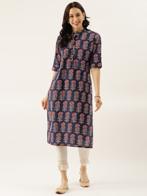 

Divena Women Navy Blue Ethnic Motifs Printed Roll-Up Sleeves Kurta
