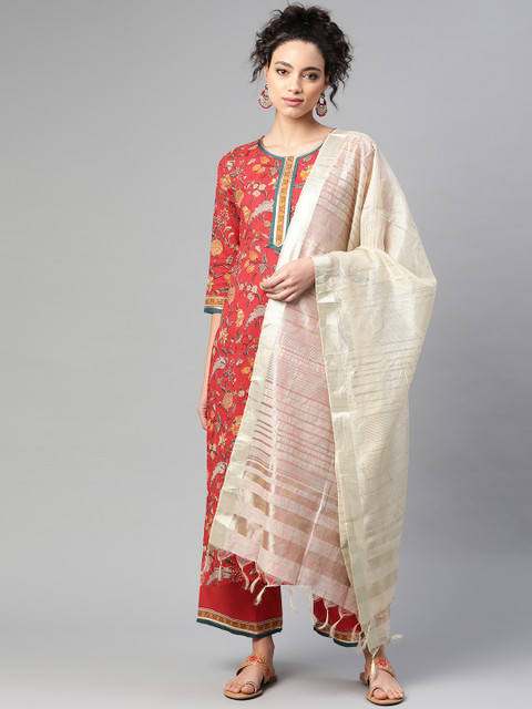 

Indo Era Women Red & Off-White Screen Print Kurta with Palazzos & Dupatta