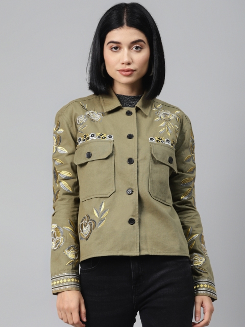 

I AM FOR YOU Women Olive Green & Golden Regular Fit Twill Weave Embroidered Casual Shacket