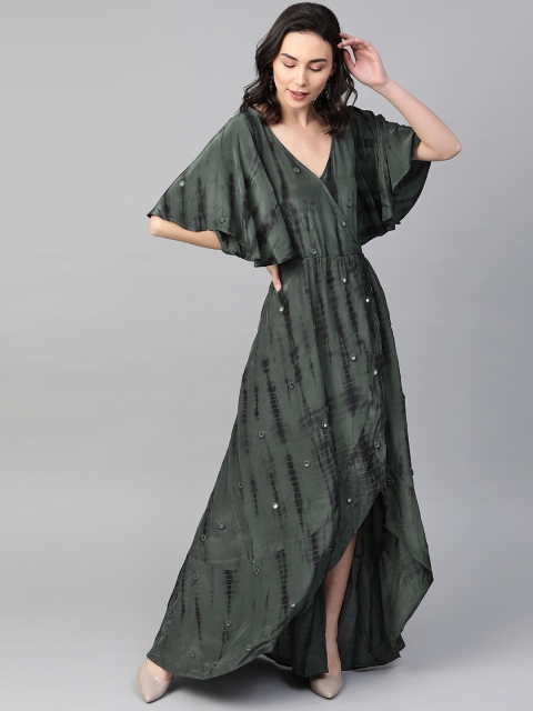 

I AM FOR YOU Women Green & Black Dyed Satin Wrap Dress