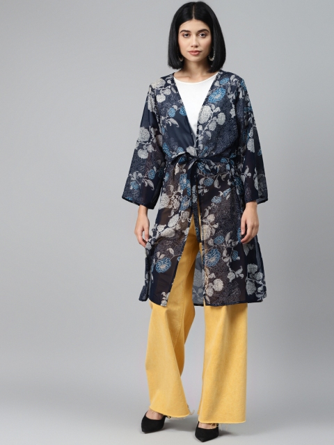 

I AM FOR YOU Women Navy Blue & Grey Floral Printed Open Front Shrug With Tie-Ups