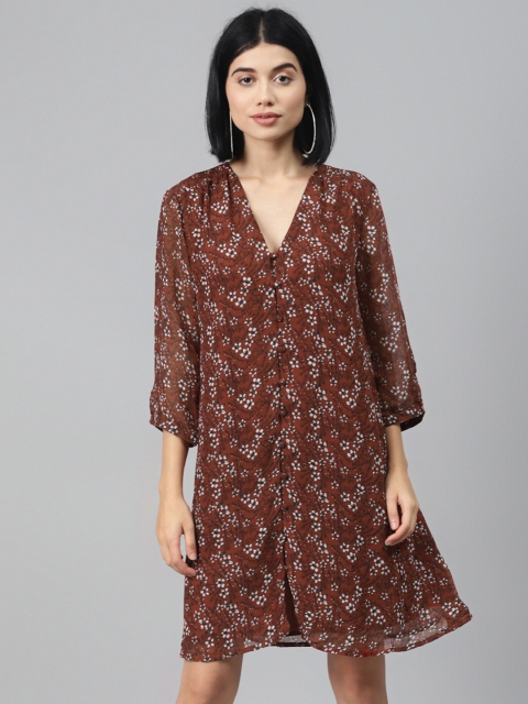 

I AM FOR YOU Women Rust Red & Off-White Floral Print A-Line Dress