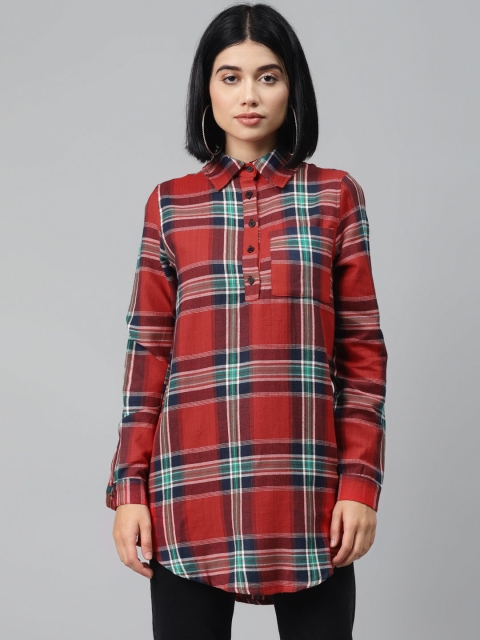 

I AM FOR YOU Women Red & Blue Checked Longline Casual Shirt
