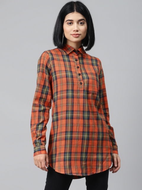 

I AM FOR YOU Women Orange & Olive Green Checked Longline Casual Shirt