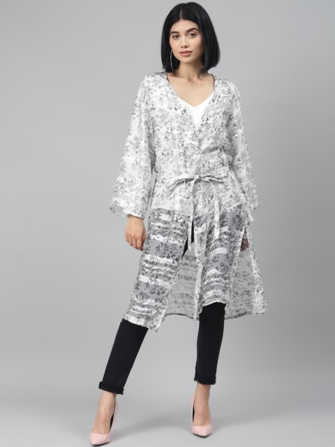 

I AM FOR YOU Women White & Black Floral Printed Longline Open Front Shrug With Tie-Ups