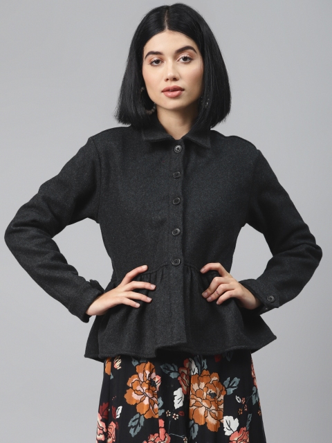 

I AM FOR YOU Women Charcoal Grey Solid Woollen Tailored Jacket