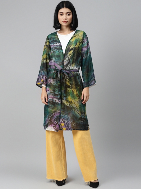 

I AM FOR YOU Women Green & Yellow Printed Longline Open Front Shrug With Tie-Ups