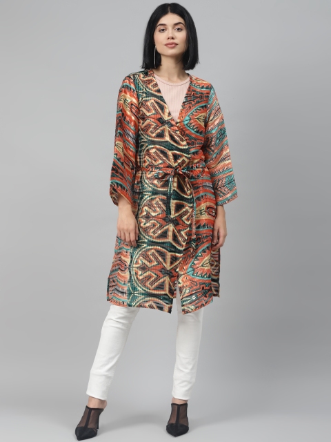 

I AM FOR YOU Women Orange & Black Printed Longline Open Front Shrug With Tie-Ups