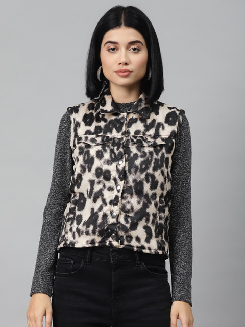 

I AM FOR YOU Women Peach-Coloured & Black Animal Print Padded Jacket